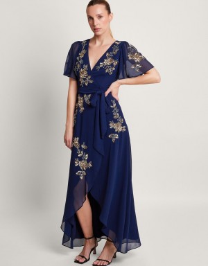 Blue Women's Monsoon Sarah Embellished Wrap Dress | VWR-4975
