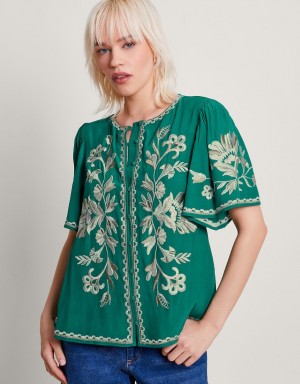 Green Women's Monsoon Adina Embroidered Blouse | DZK-6484